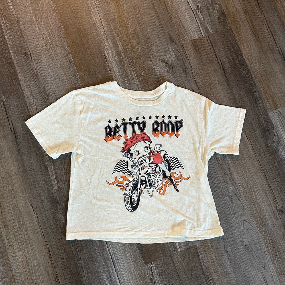 Betty Boop Cream Short Sleeve Tee with Motorcycle Graphic